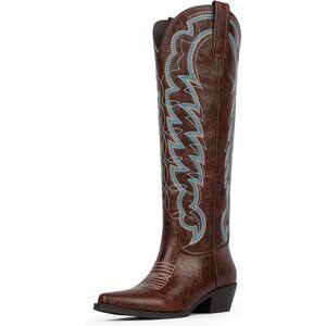 Women Brown Embroidered Fabric Cowboy Pull on Western Knee High Boots
